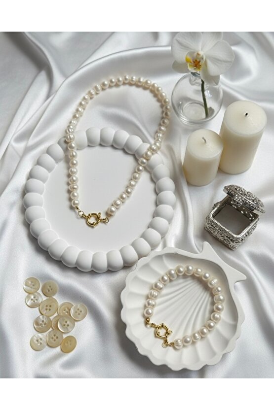 Çeyrek,Gram,Ata Altın Asma Aparatlı Gerçek İnci Kolye ve Bileklik Set