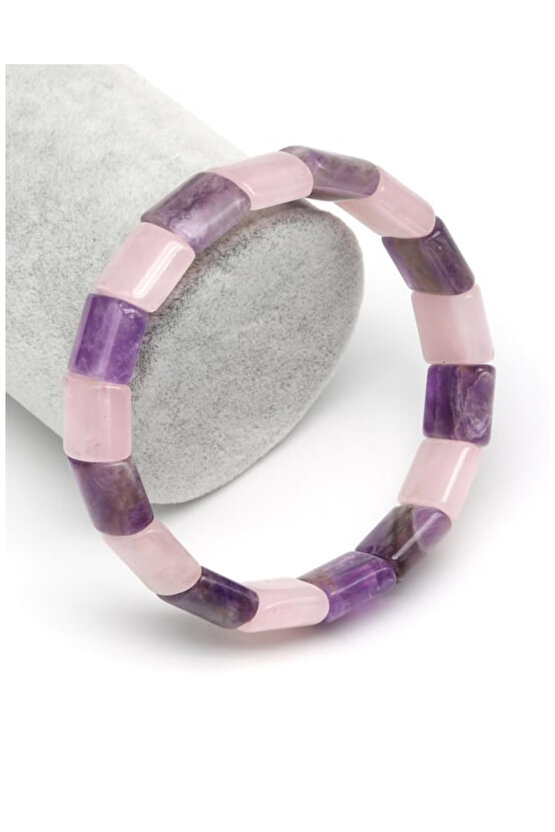 Orijinal Gerçek Ametist - Pembe Kuvars Doğal Taş Roleks Bileklik 12 x 15 mm 20 CM