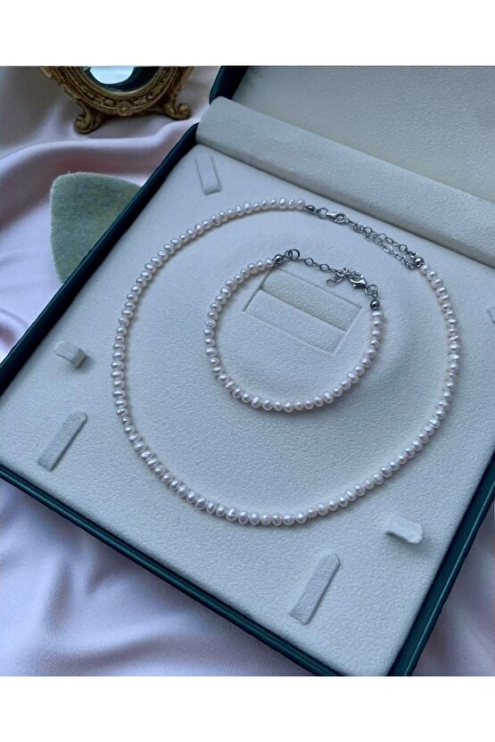 925 Ayar Gümüş Sertifikalı Doğal 4mm İnci Kolye ve Bileklik Set