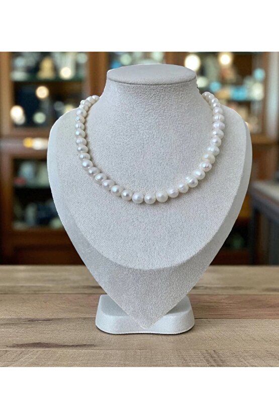 925 Ayar Gümüş Doğal 8mm İnci Kolye - 40 cm 7 cm Uzatma