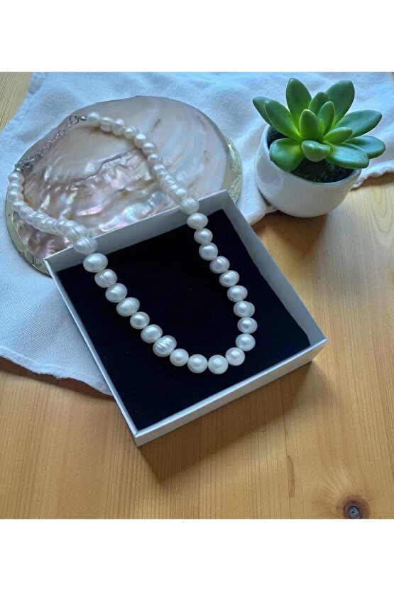 925 Ayar Gümüş Doğal 8mm İnci Kolye - 40 cm 7 cm Uzatma