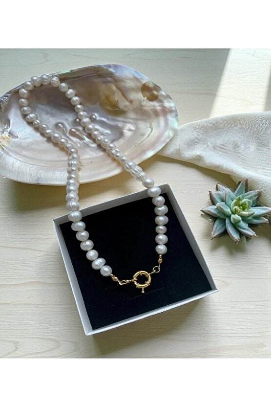 45cm Sertifikalı Doğal Beyaz İnci Kolye - Gemici Dümen Kilit - 8 mm