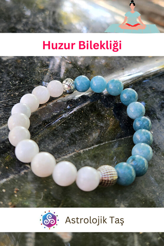 Doğal Taş Huzur Bilekliği, Ay Taşı Ve Akuamarin Taşı