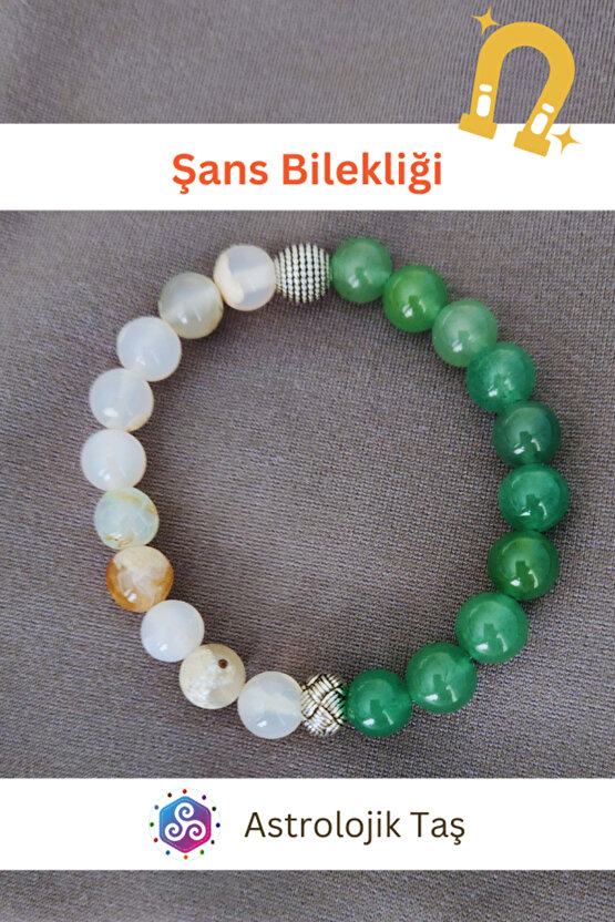 Doğal Taş Şans Bilekliği - Beyaz Akik & Aventurin Taşı