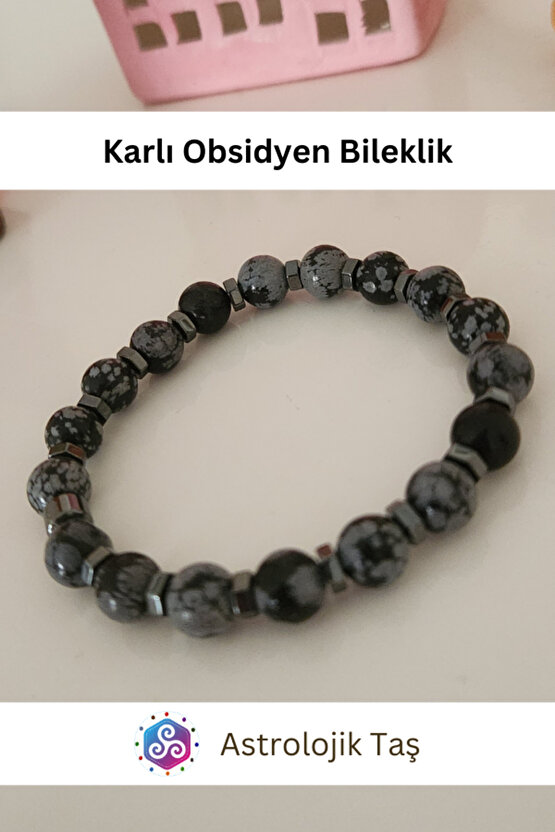 Karlı Obsidyen Doğal Taş Bileklik - Obsidyen Taşı & Hematit