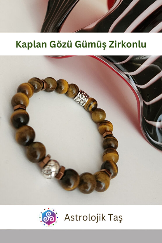 Kaplan Gözü Doğal Taş Bileklik (Gümüş Rengi Yuvarlak Charmlı)