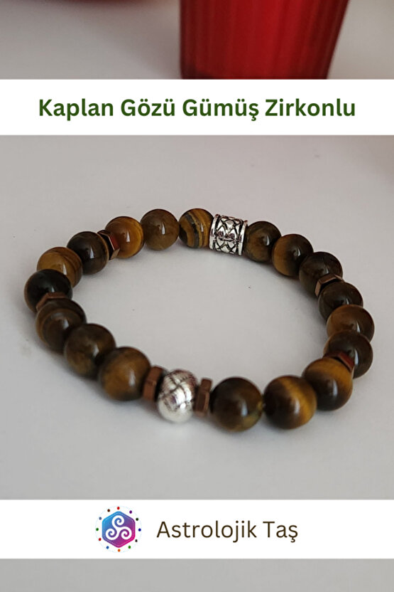 Kaplan Gözü Doğal Taş Bileklik (Gümüş Rengi Yuvarlak Charmlı)