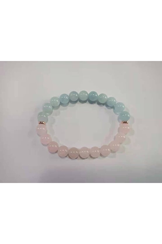 Pembe Kuvars & Akuamarin Doğal Taş Bileklik 8mm