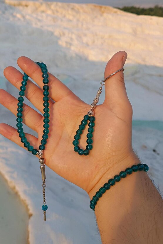 Oniks Taşı Cam Bileklik-33Lü Tesbih-Anahtarlık Seti| 3Lü Set| Hediye Aksesuar Kombin|Petrol Yeşili