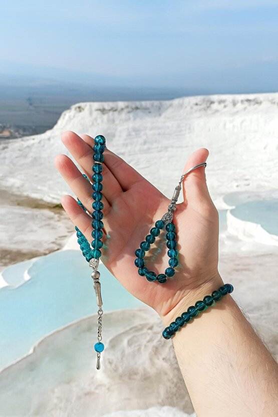 Oniks Taşı Cam Bileklik-33Lü Tesbih-Anahtarlık Seti| 3Lü Set| Hediye Aksesuar Kombin|Petrol Yeşili