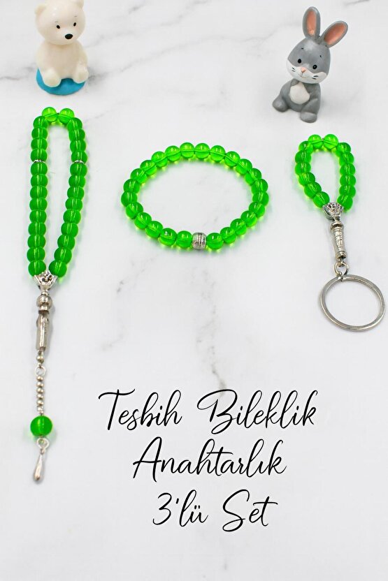 Oniks Taşı Cam Bileklik-33Lü Tesbih-Anahtarlık Seti | 3Lü Set | Hediye Aksesuar Kombin | Yeşil