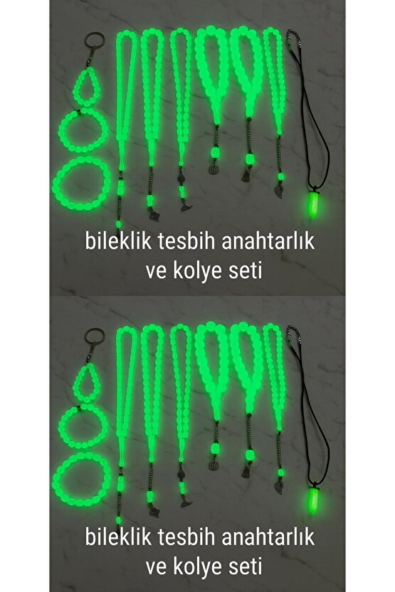 Fosforlu Kedigözü 20Li Set-Tesbih Kolye Bileklik Anahtarlık Seti-Karanlıkta Parlar-Hediye Aksesuar