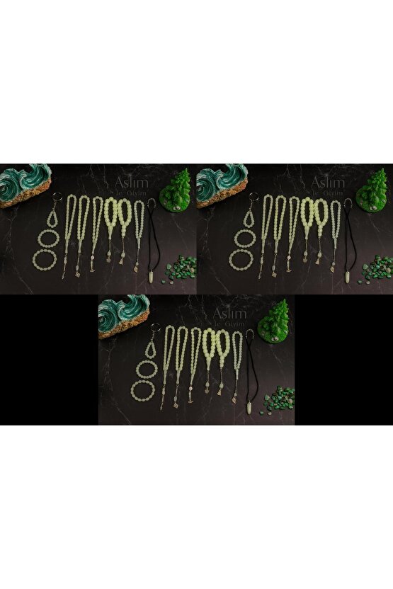 Fosforlu Kedigözü 30Lu Set-Tesbih Kolye Bileklik Anahtarlık Seti-Karanlıkta Parlar-Hediye Aksesuar