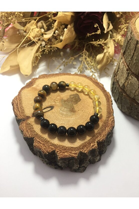 Aslan Burcu Kaplangözü Sitrin Oniks Doğal Taşlı Bileklik 3lü