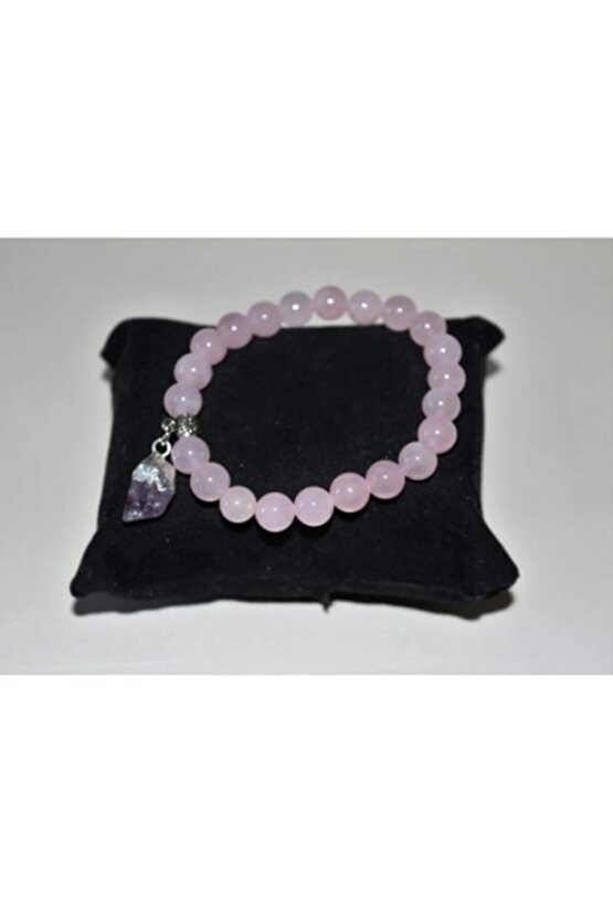 Gerçek Pembe Kuvars Taşı Bileklik - Ametist Taşı Sallantılı