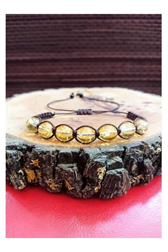 Gerçek Doğal Taş Sitrin Taşı Makrome Örgü Bileklik