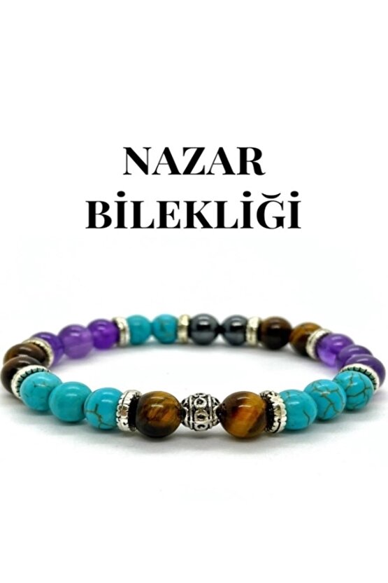 Gerçek Doğal Taş - Nazar Bilekliği - Turkuaz - Kaplan Gözü - Ametist - Hematit