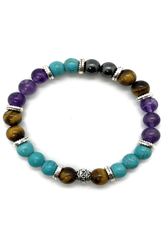 Gerçek Doğal Taş - Nazar Bilekliği - Turkuaz - Kaplan Gözü - Ametist - Hematit