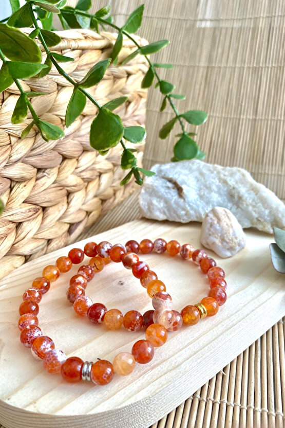 Turuncu Akik Doğal Taş Unisex Bileklik 8mm - Gümüş Halka