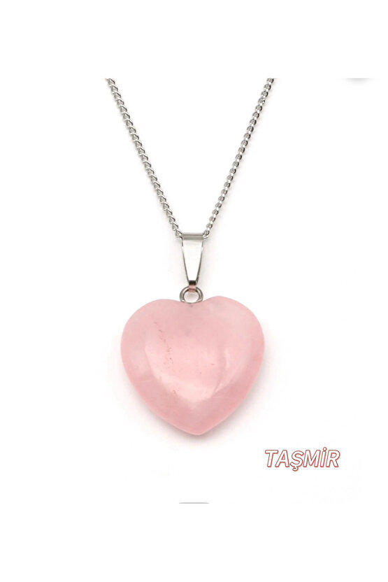 Pembe Kuvars Kalp Doğal Taş Kolye