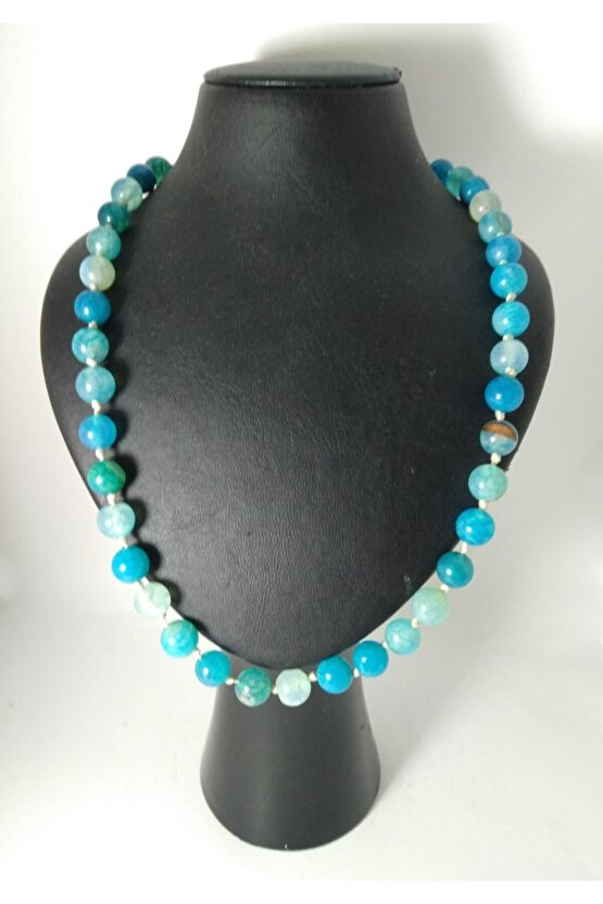 Doğaltaş Tasarım Kolye-mavi Akik Taşı Düğümlü Kolye