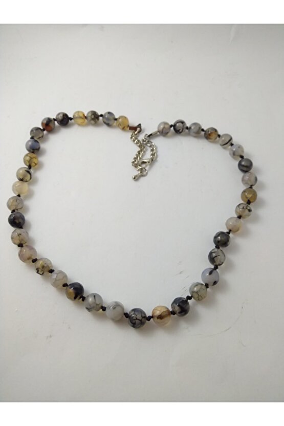 Doğaltaş Tasarım Kolye-siyah Damarlı Akik Taşı Düğümlü Kolye