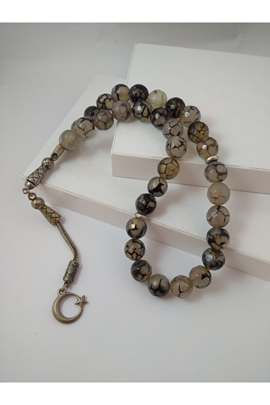 Gri Damarlı Akik Taşı Tesbih Ahşap Kutulu 10 mm Doğaltaş