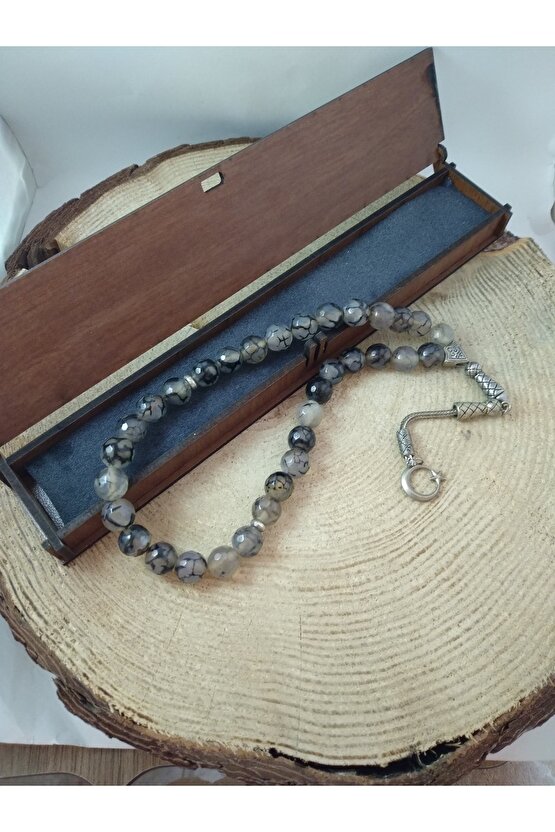 Gri Damarlı Akik Taşı Tesbih Ahşap Kutulu 10 mm Doğaltaş