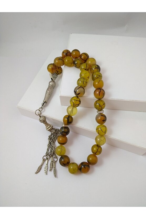 Yeşil Damarlı Akik Taşı Tespih Ahşap Kutulu  10 Mm Doğaltaş Tespih