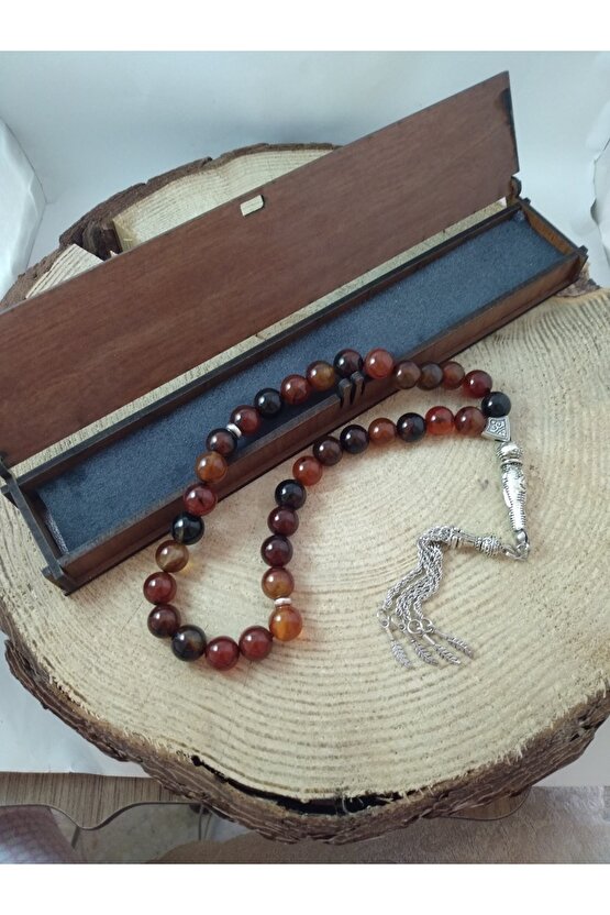 Kızıl Kahve Akik Taşı Tespih Ahşap Kutulu  10 Mm Doğaltaş Tespih