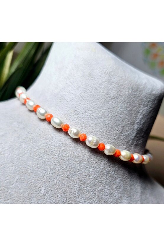 İnci Doğal Taş Halhal - Turuncu (BÜYÜK) - 1 Adet ( El Yapımı Tasarım Ürünler )