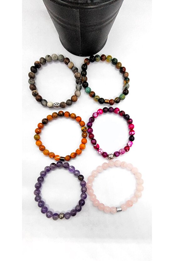 Ametist & Pembe Kuvars & 3 Adet Akik & Jasper 6’lı Doğal Taş Bileklik Seti Hediye Aksesuar Kombin
