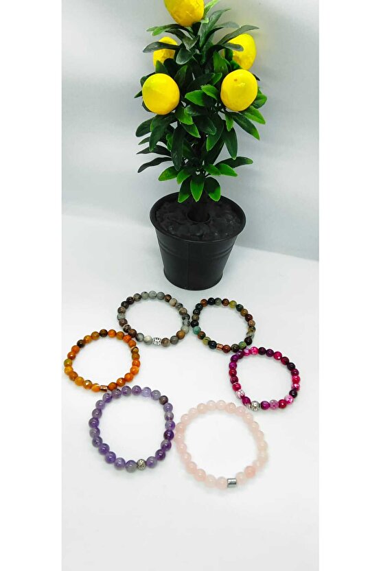 Ametist & Pembe Kuvars & 3 Adet Akik & Jasper 6’lı Doğal Taş Bileklik Seti Hediye Aksesuar Kombin