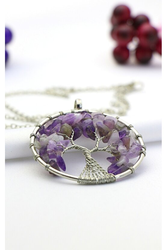 Doğal Taşlı Hayat Ağacı Kolye (MOR)