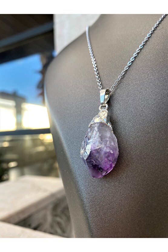 Ametist  Doğal Taş Kolye - (işlenmemiş Ham Hali) - Kolye Ucu + Zincir