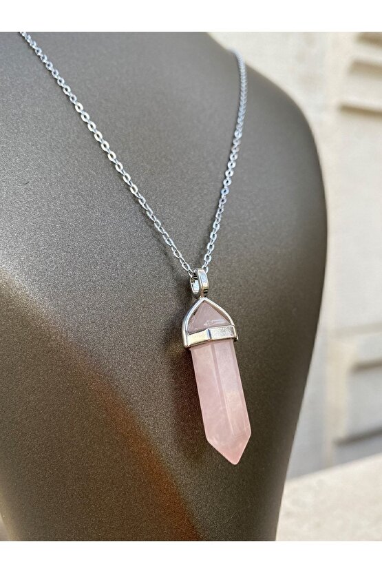 Pembe Kuvars  Doğal Taş Kolye - Çivi Modeli - Kolye Ucu + Zincir