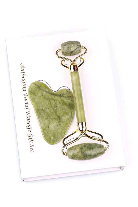 Yeşim Doğal Taş Serfitikalı 2li Özel Kutulu Set Face Roller Gua Sha Masaj Taşı