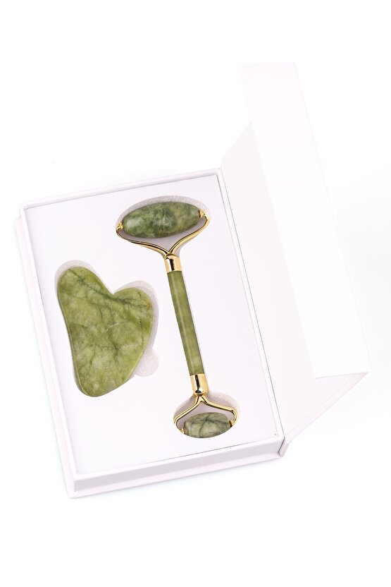 Yeşim Doğal Taş Serfitikalı 2li Özel Kutulu Set Face Roller Gua Sha Masaj Taşı