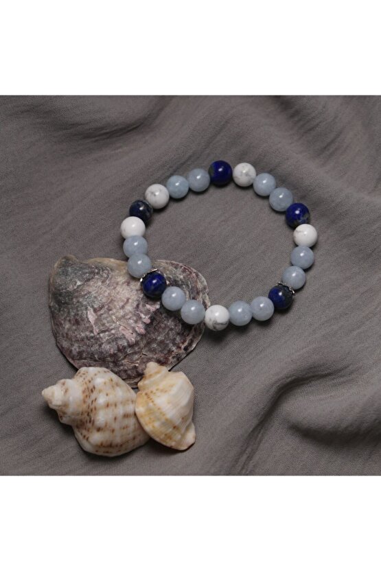 Lapis Lazuli Havlit Akuamarin Doğal Taş bileklik 925 Ayar Gümüş Mutluluk Yaşam Sevinci