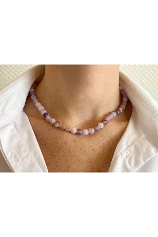 Mor Akik Doğal Taş Kolye 8 Mm