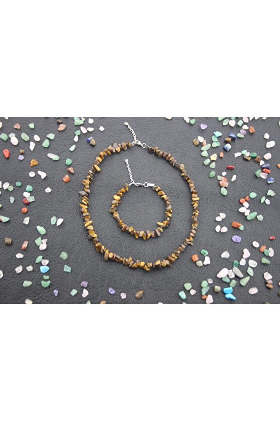 Kaplan Gözü Doğal Kırıktaş Kolye Bileklik Set.