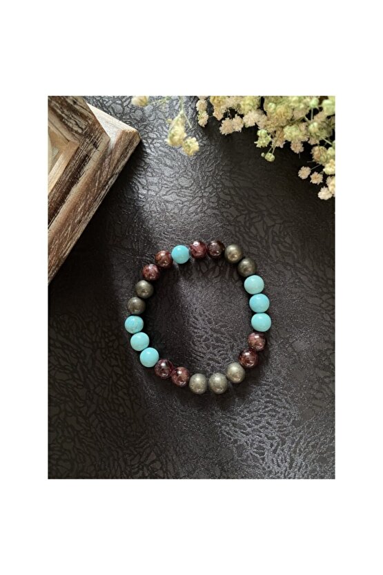 Doğal Taşlı Burç Bilekliği Akrep Burcu Pirit Garnet Turkuaz