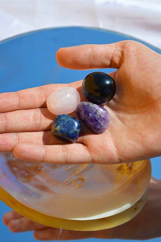 Öfke Sinir Stres Pozitif Enerji Doğal Taş Tumble Seti 2 (obsidyen, Pembe Kuvars, Ametist, Sodalit)