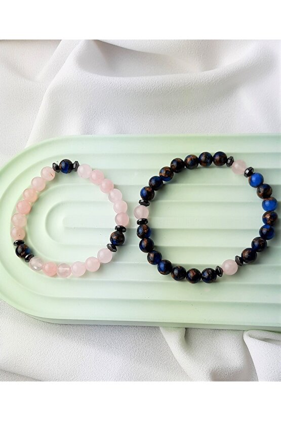 Çift Bilekliği, Sevgili , Eş Doğal Taş Bileklik Hediyelik Ürün Murano Kuvars ,pembe Kuvars Hematit