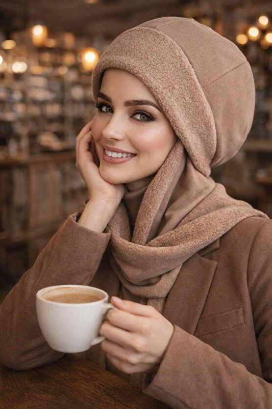 Camel Atkılı Tesettür Bere  UZUN ATKILI