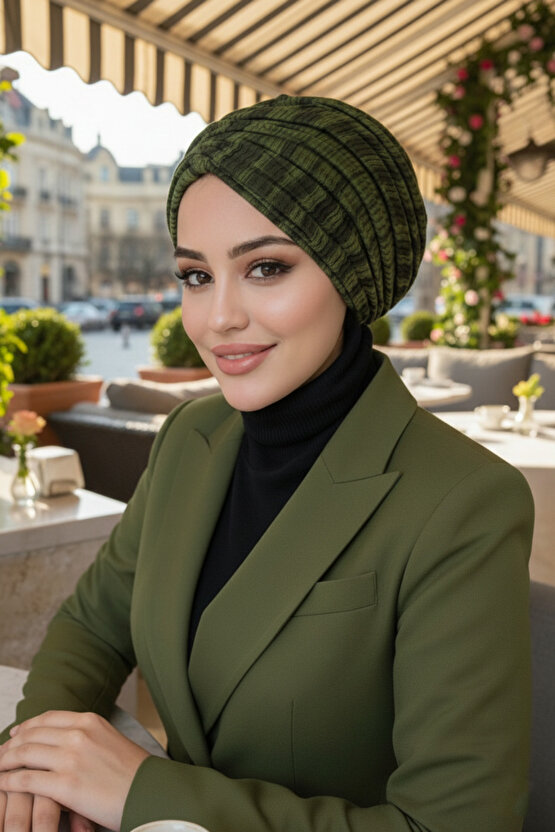 Haki Siyah Desen Büzgülü Salaş Bone