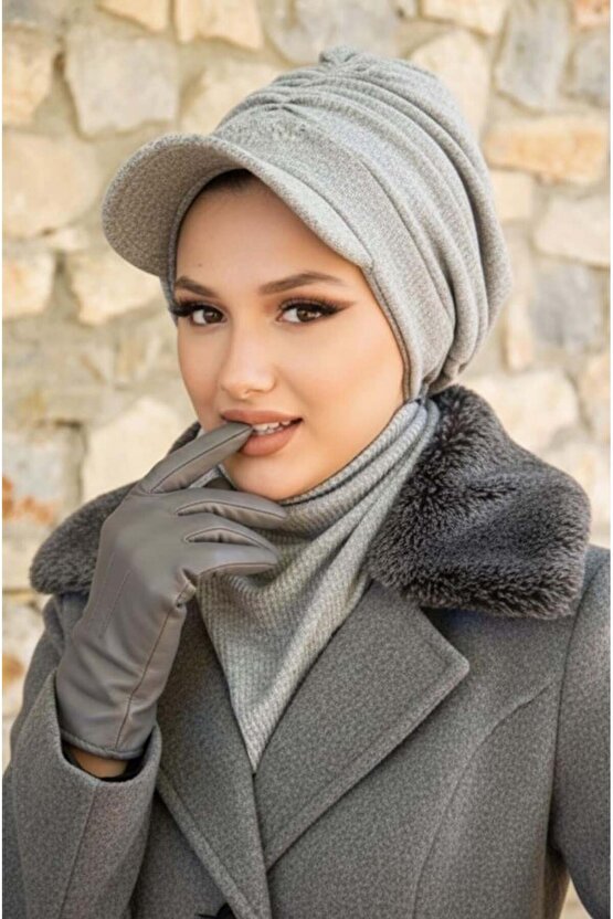 Gri Triko Büzgülü Tesettür Şapka Ve Etol Takım