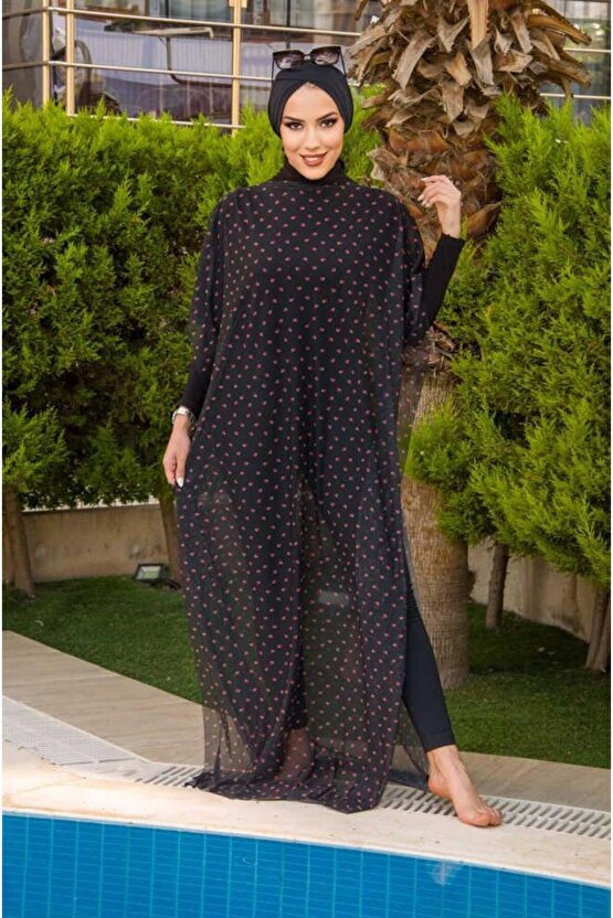 Siyah Çilek Desenli Tesettür Pareo