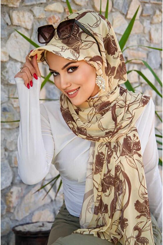 Uçuk Sarı kahve Desen Kepli Bandana Şapka Şal