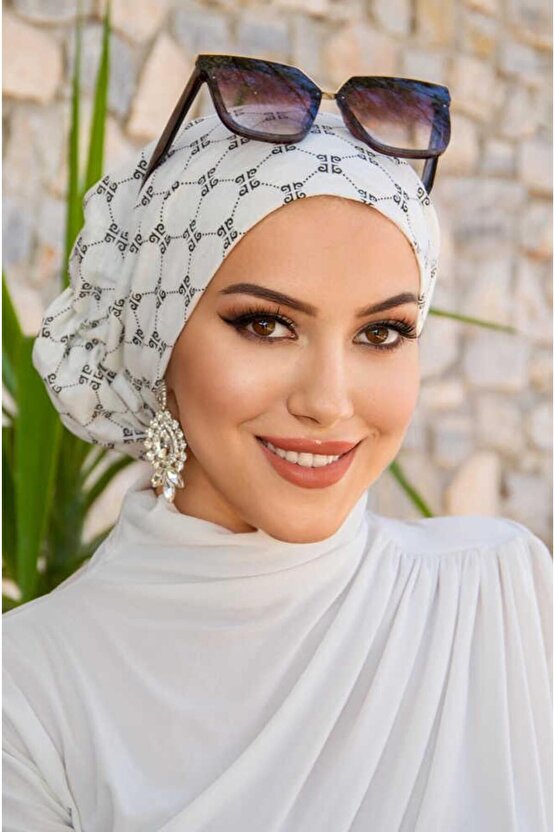 Beyaz Yazı Desen Çağla Hazır Türban